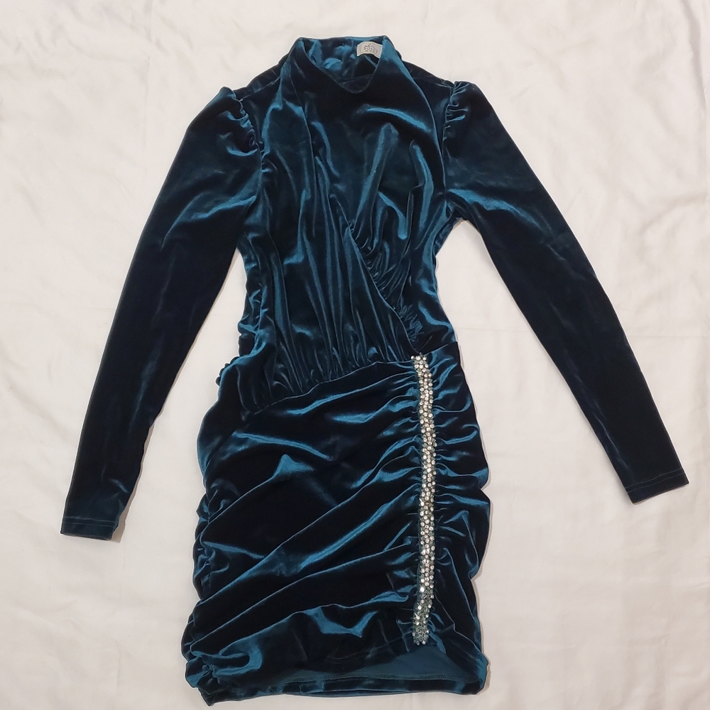 Teal Green Oh Polly Velvet Long Sleeve Dress